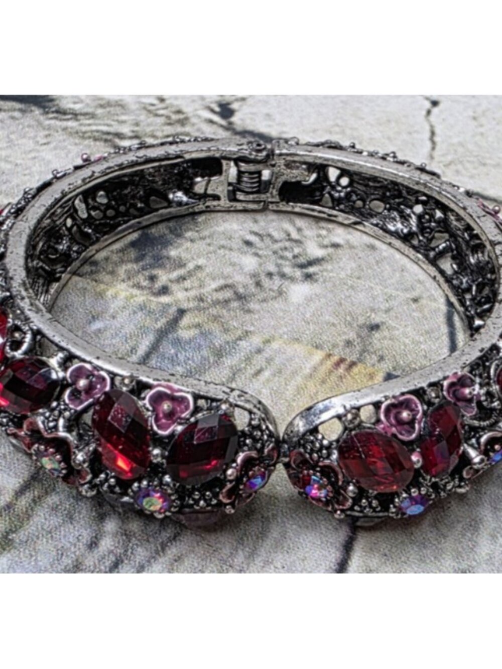 1960s Red Rhinestone Flower Bangle Bracelet Mid Century Modern Vintage Jewelry